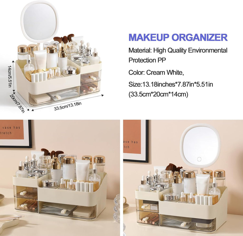 DASITON Makeup Organizer with Rechargeable Mirror and 3 Drawers,Skincare and Cosmetics Organizer Countertop,Makeup Brush Holder,Large Cosmetic Display Case for Vanity,Desk,Bathroom,Bedroom(Cream)
