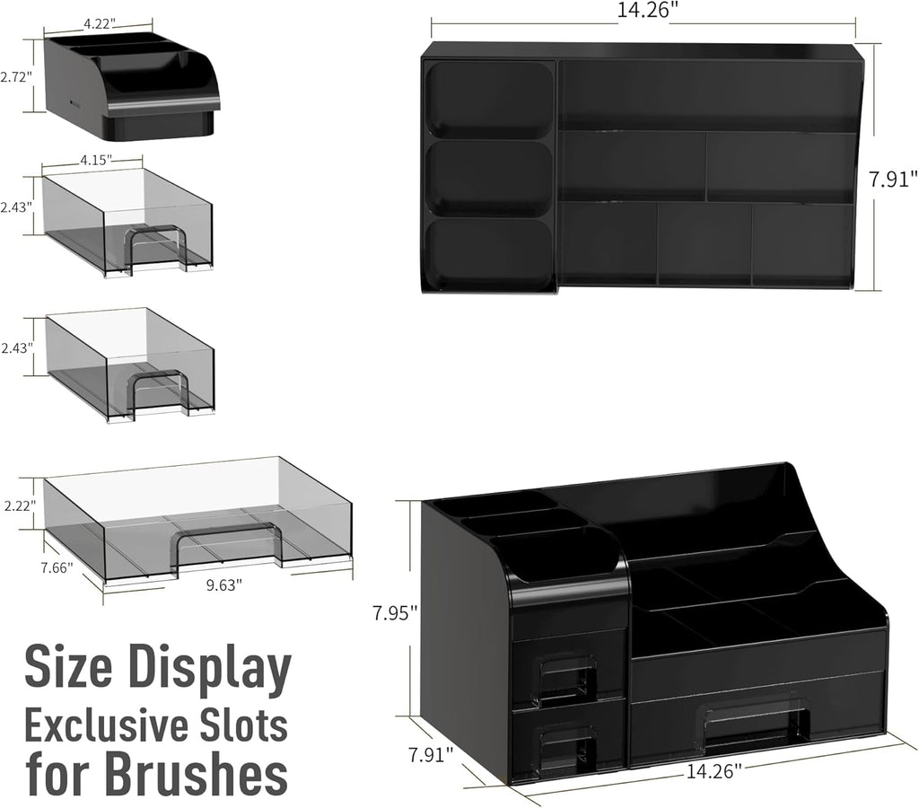 Makeup Organizer with Drawers,Large Cosmetic Storage Box,Countertop Skincare Organizer,ABS Makeup Brush Holder for Bathroom,Desk,Dresser,Multifunctional Beauty Display Case,Black transparent