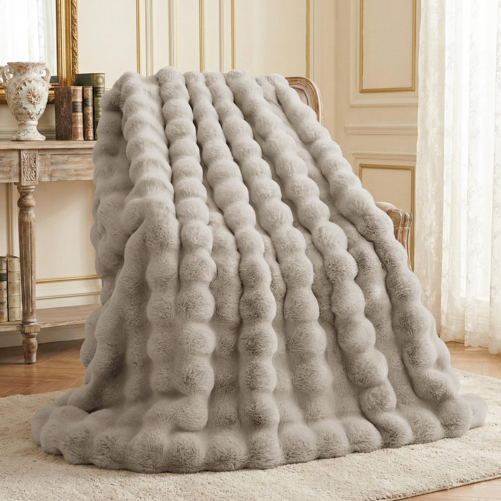 L'AGRATY Faux Rabbit Fur Blanket: 50" x 60" Luxury Soft Fluffy Thick Fur Throw Blanket for Couch Bed Sofa - Cozy Plush Bubble Blankets for Winter: Warm Flannel Fleece Decorative Blanket(Almond White)
