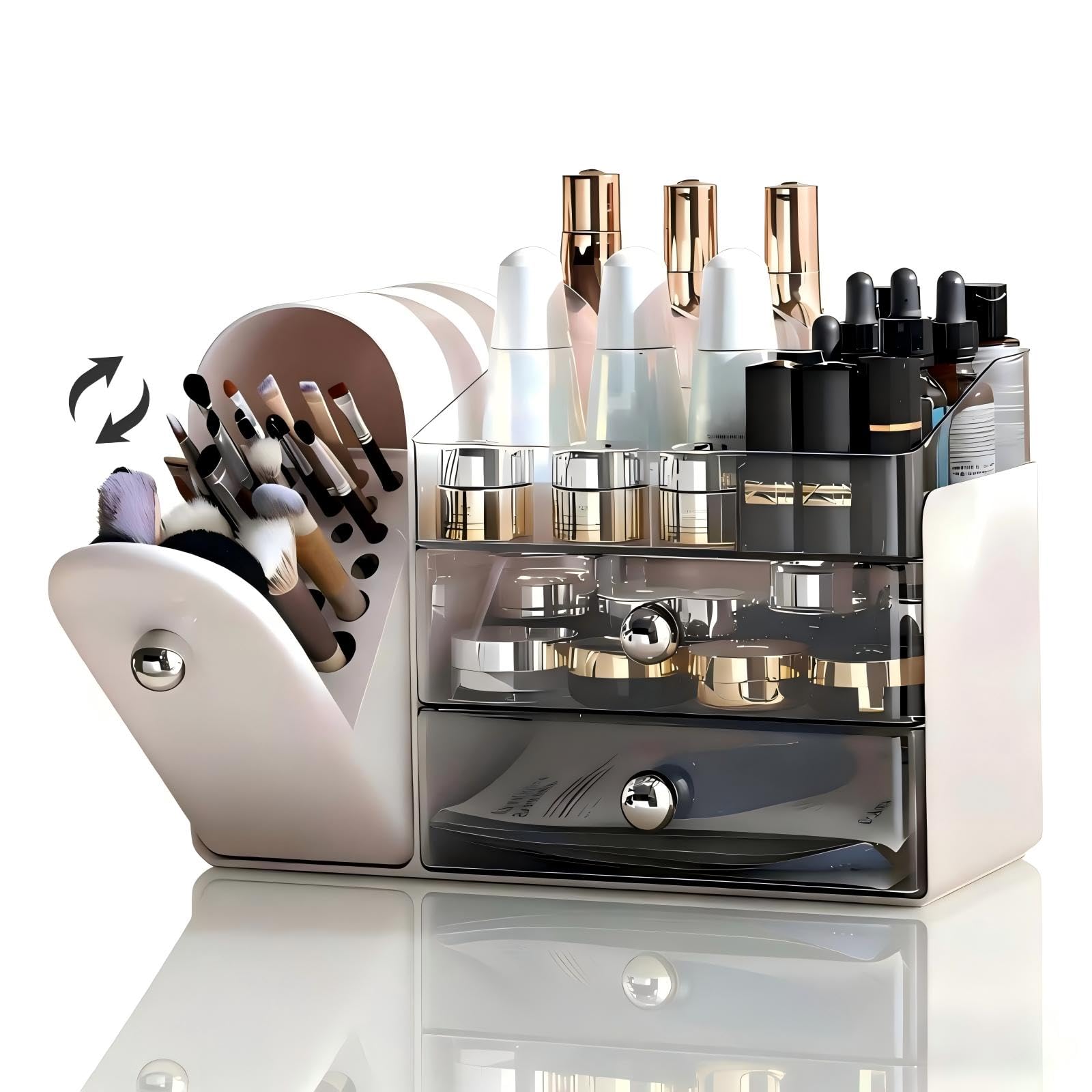 Makeup Organizer for Vanity with Covered Brush Holder，Bathroom Organizers with Drawer，Skin Care Organizer，Makeup Organizers for Vanity with Drawer，Large Makeup Storage for Dresser, White
