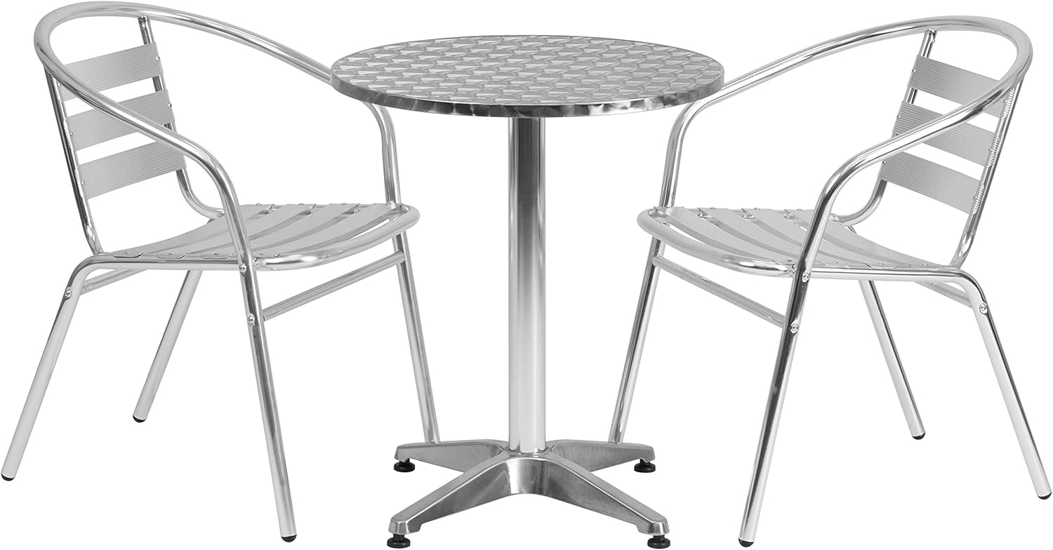 EMMA + OLIVER 23.5" Round Aluminum Table Set with 2 Slat Back Chairs