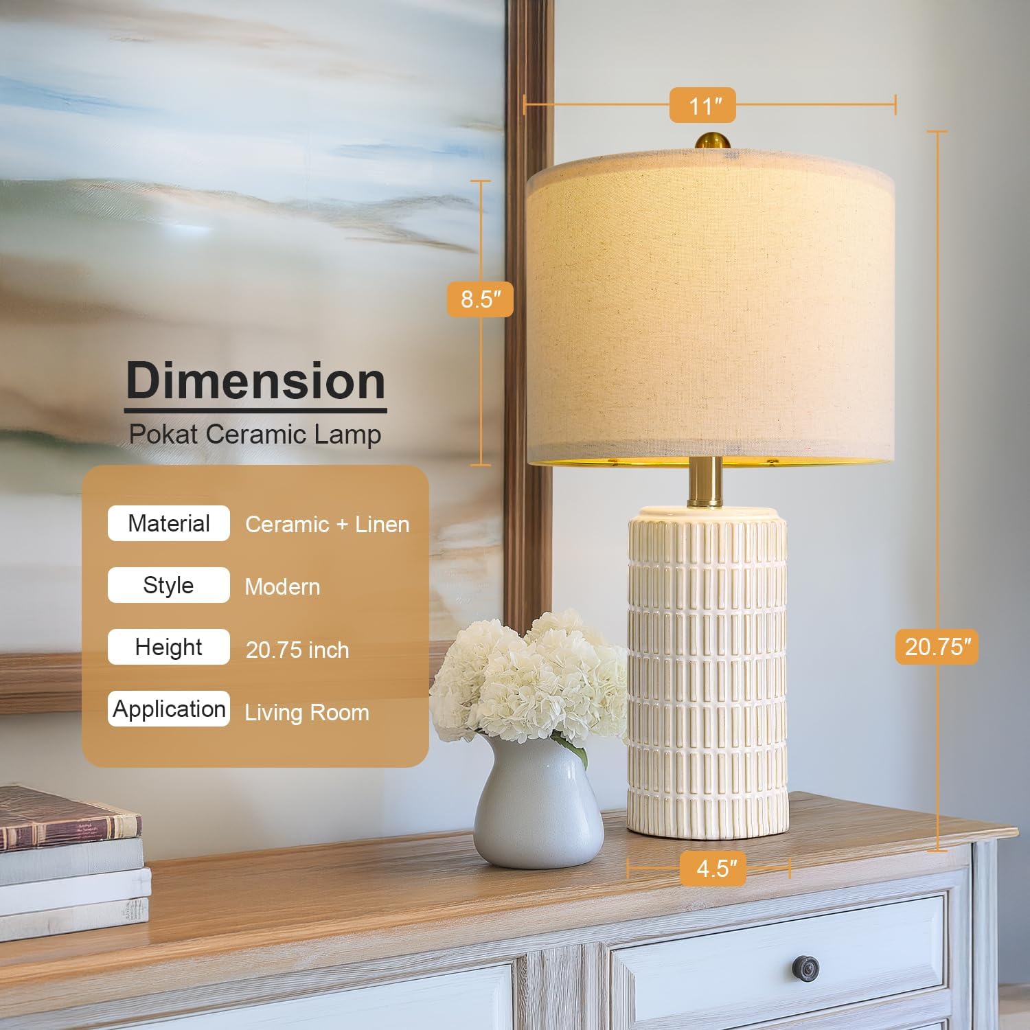 PoKat 20.75" Small Modern Ceramic Table Lamps Set of 2 for Bedroom, White Bedside Lamps for Night Stands, Farmhouse Desk Decor Gift Nightstand Table Lamps for Living Room End Table Beige