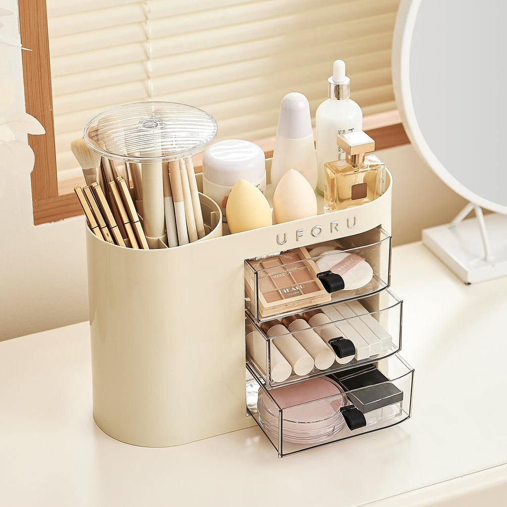 UFORU Makeup Organizer with Pop-Up Brush Holder for Dresser Vanity, Plastic Bathroom Counter Organizer with 3 Drawers & Dust-Proof Cover, Cosmetic Display Case for Lipstick, Skincare, White