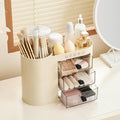 UFORU Makeup Organizer with Pop-Up Brush Holder for Dresser Vanity, Plastic Bathroom Counter Organizer with 3 Drawers & Dust-Proof Cover, Cosmetic Display Case for Lipstick, Skincare, White