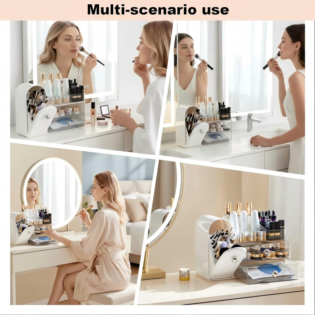 Makeup Organizer for Vanity with Covered Brush Holder，Bathroom Organizers with Drawer，Skin Care Organizer，Makeup Organizers for Vanity with Drawer，Large Makeup Storage for Dresser, White