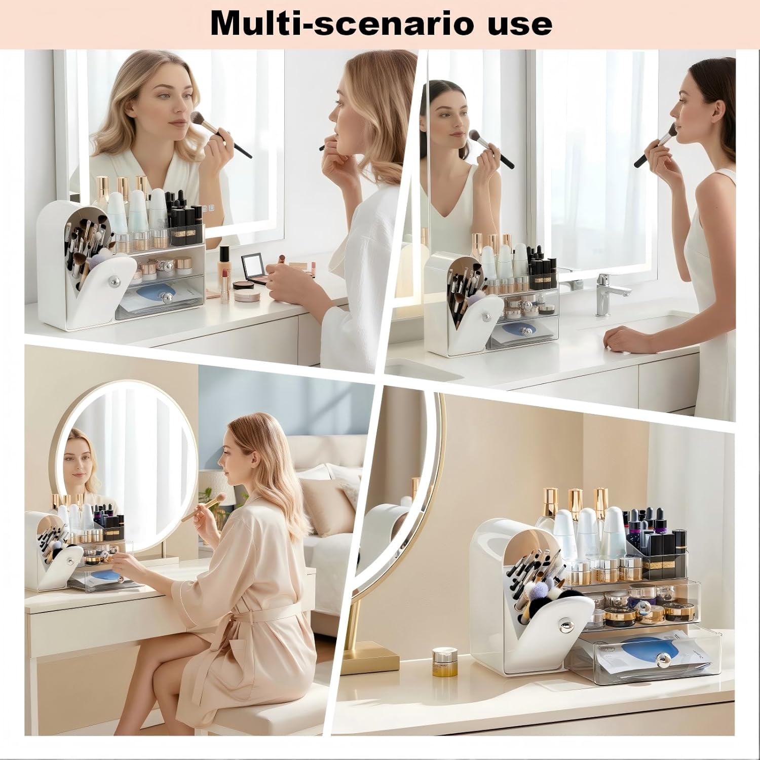 Makeup Organizer for Vanity with Covered Brush Holder，Bathroom Organizers with Drawer，Skin Care Organizer，Makeup Organizers for Vanity with Drawer，Large Makeup Storage for Dresser, White