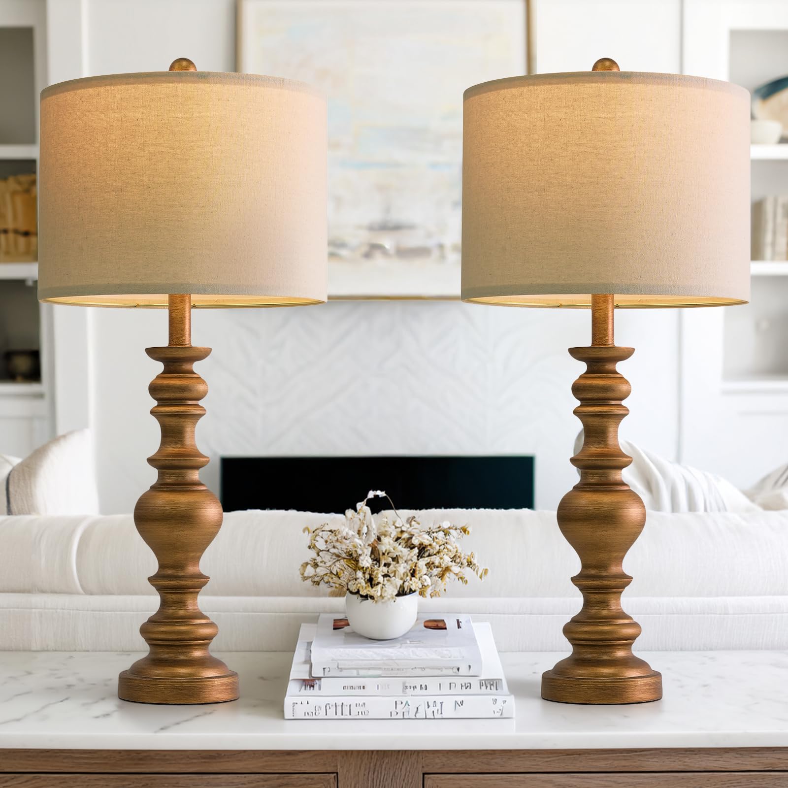 Set of 2 Rustic Farmhouse Linen Table Lamps for Bedroom & Living Room Decor