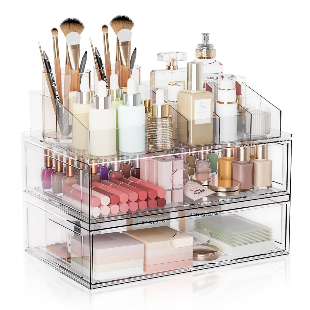 Clear Stackable Makeup Organizer with Drawer, 12''W Acrylic Storage Drawers, Cosmetic Display Case for Vanity Bathroom Countertop, Beauty Holder for Lipstick Brush Skincare Perfume