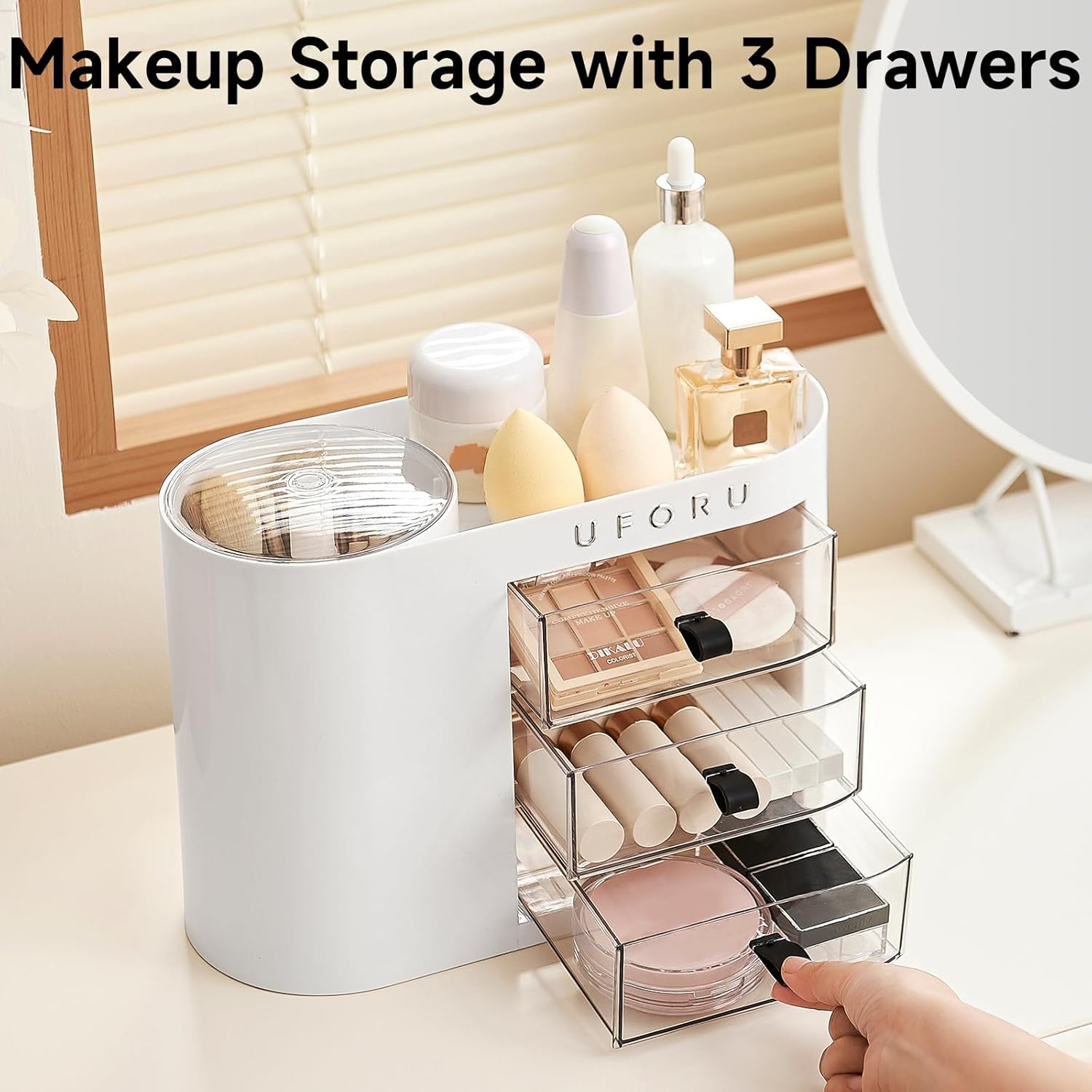 UFORU Makeup Organizer with Pop-Up Brush Holder for Dresser Vanity, Plastic Bathroom Counter Organizer with 3 Drawers & Dust-Proof Cover, Cosmetic Display Case for Lipstick, Skincare, White
