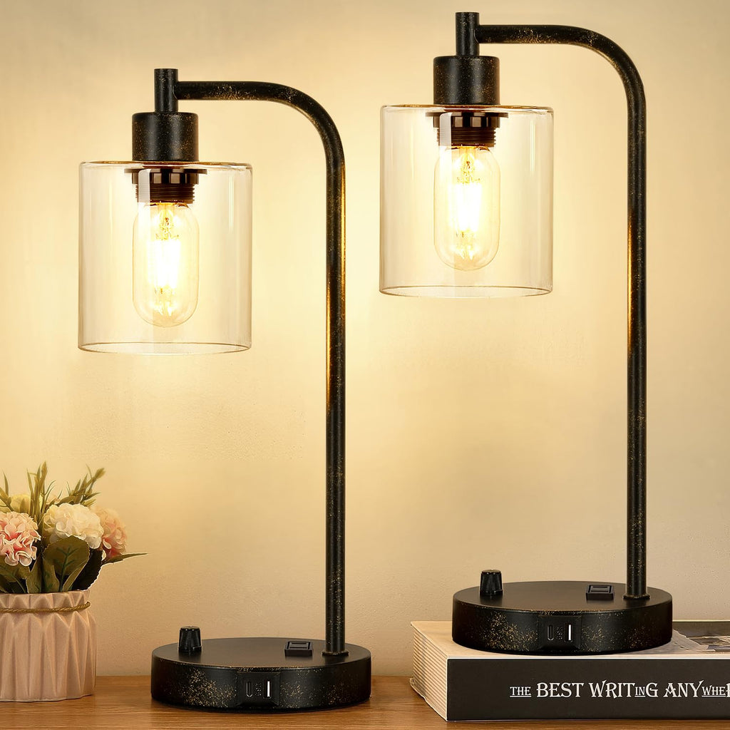 Set of 2 Industrial Table Lamps with USB C+A Ports and Outlet, Fully Stepless Dimmable Bedside Lamps for Bedrooms, Nightstand Desk Lamp with Glass Shade for Reading Living Room Office (Bulbs Included)