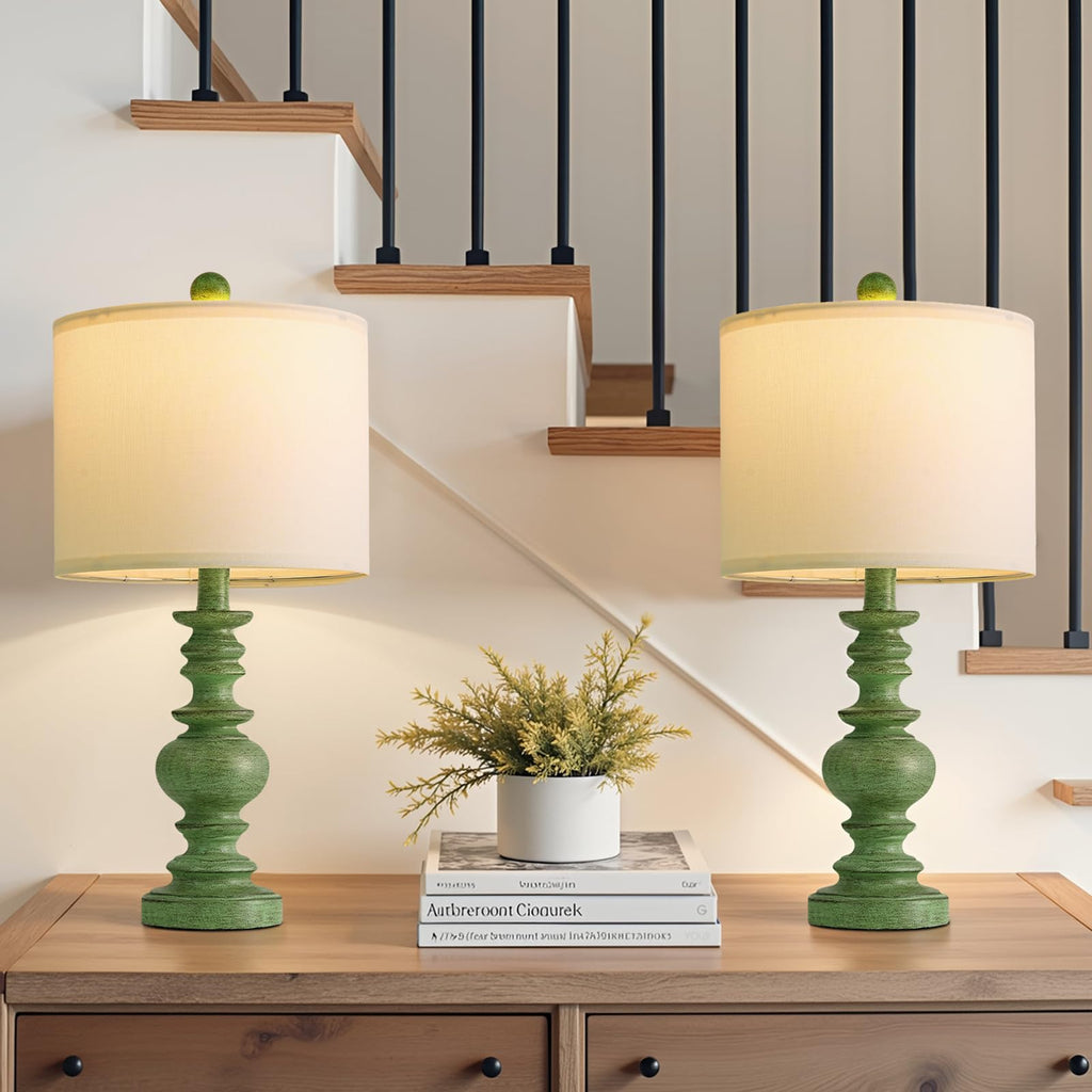Set of 2 Rustic Farmhouse Linen Table Lamps for Bedroom & Living Room Decor