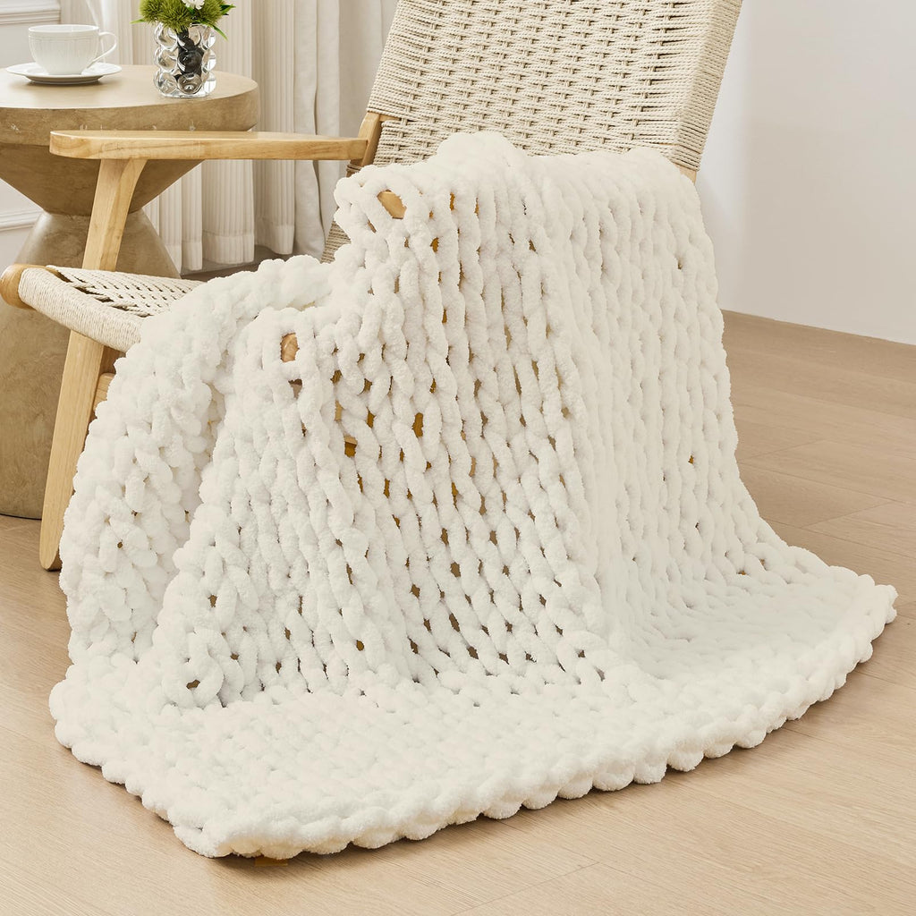 40×60" Beige Hand Knit Jumbo Chenille Chunky Knit Throw Blanket for Sofa & Bed