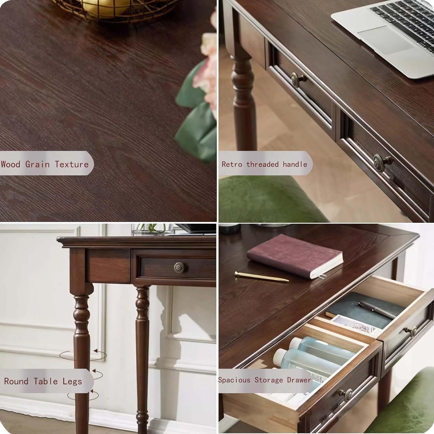 Walnut Writing Desks with Drawers, 47" Solid Wood French Country Style Computer Desk for Home Office, Living Room Study or Workspace