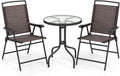 Goplus Patio Bistro Set, 3-Piece Patio Dining Furniture Set with Round Tempered Glass Table, 2 Foldable Chairs, Small Outdoor Folding Chairs & Table Set for Porch Garden Pool Yard