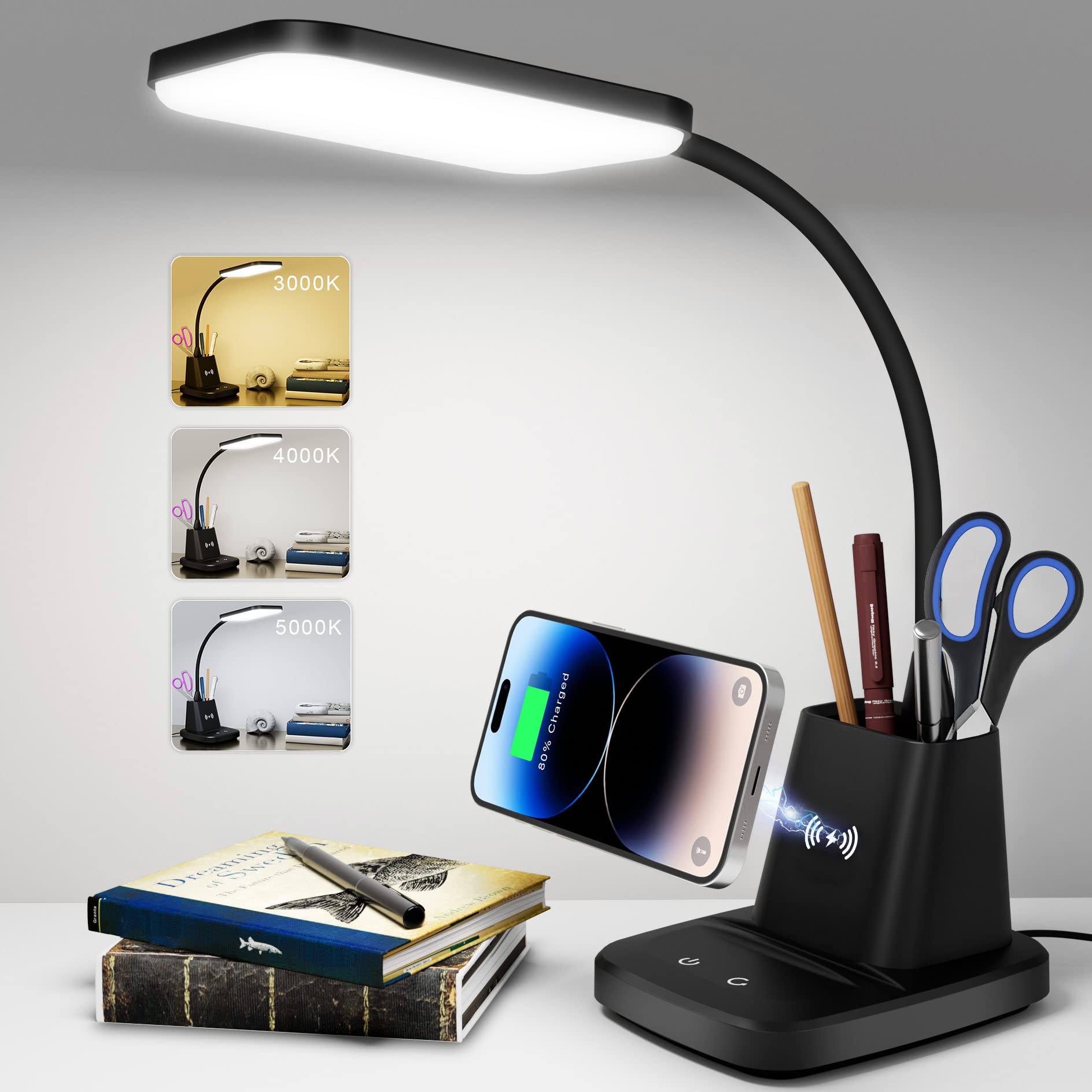 Desk Lamp, Bedside Table Lamps with Wireless Charger and Clock, 30Mins Auto-Off Night Light Lamp, 3 Color Modes Dimmable Touch 800LM CRI 95, LED Desk Lamps for Home Office, Adapter Included