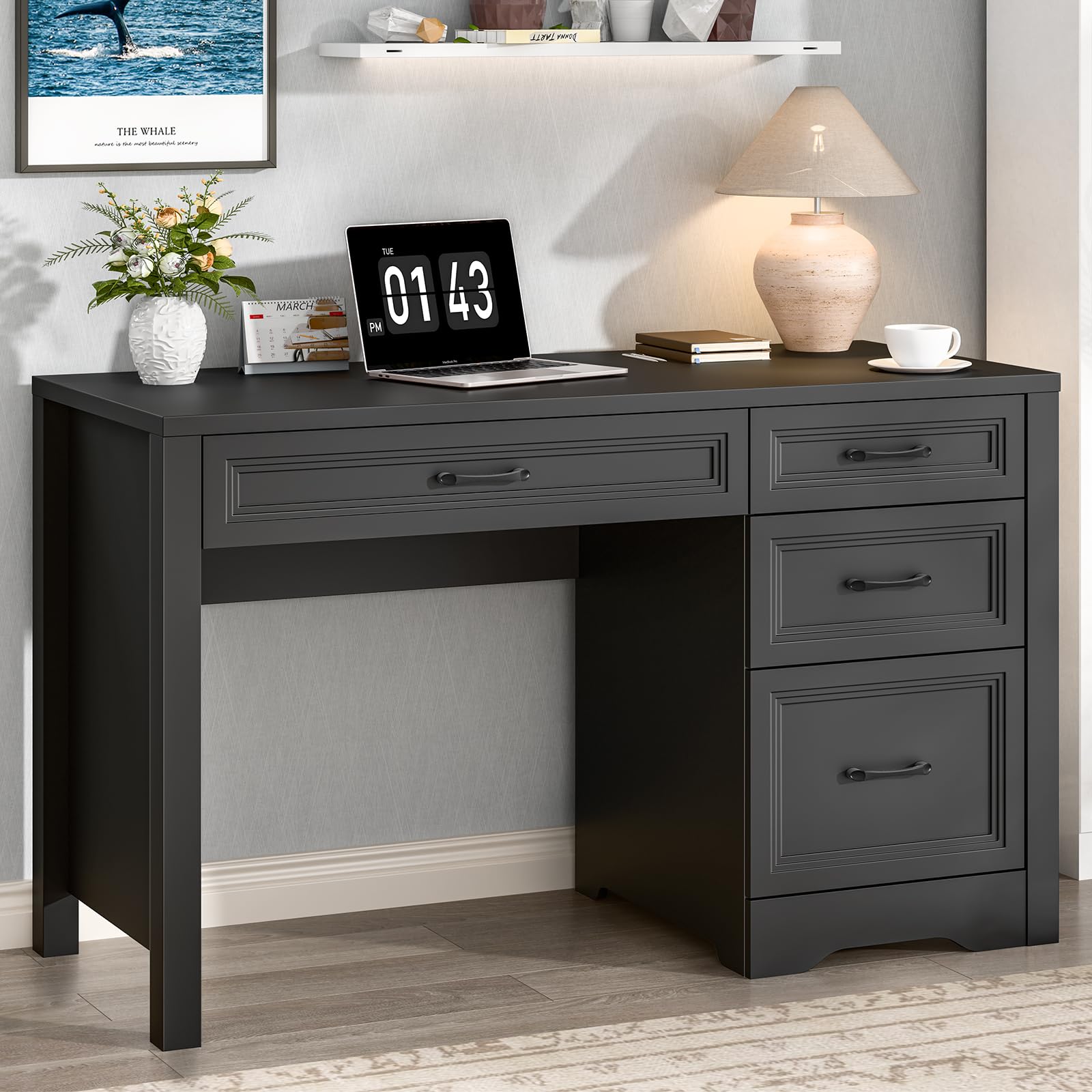 Vabches Farmhouse Executive Desk with Storage and Ample File Drawer, Rustic Large Home Writing Desk for Bedroom, White