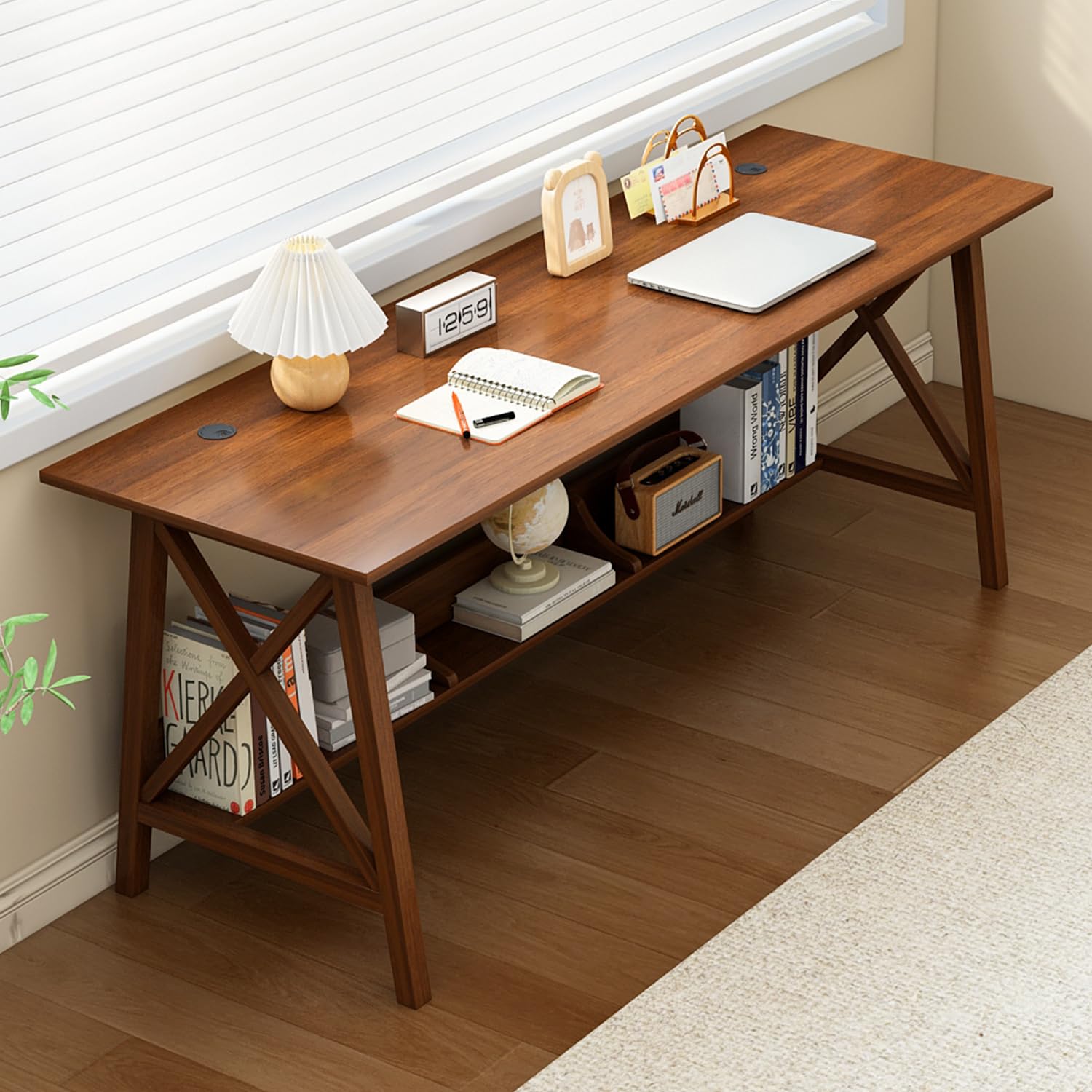 NELYE Extra Long Desk with Bookshelf - Wooden Home Office Work Study Table, Writing Computer Workstation with Storage Shelf in Walnut, 55" Wx20 Dx30 H