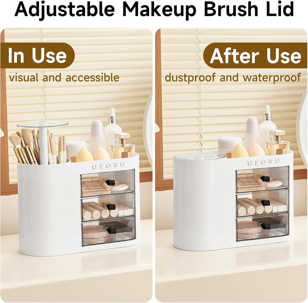 UFORU Makeup Organizer with Pop-Up Brush Holder for Dresser Vanity, Plastic Bathroom Counter Organizer with 3 Drawers & Dust-Proof Cover, Cosmetic Display Case for Lipstick, Skincare, White