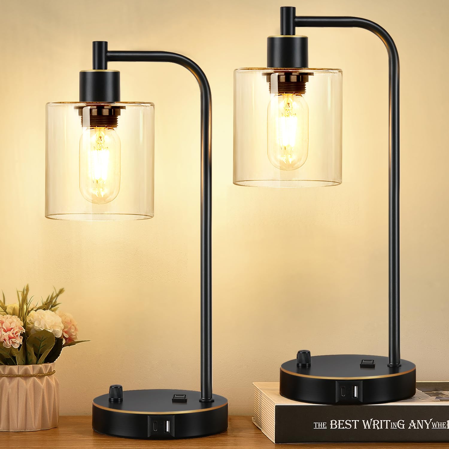 Set of 2 Industrial Table Lamps with USB C+A Ports and Outlet, Fully Stepless Dimmable Bedside Lamps for Bedrooms, Nightstand Desk Lamp with Glass Shade for Reading Living Room Office (Bulbs Included)