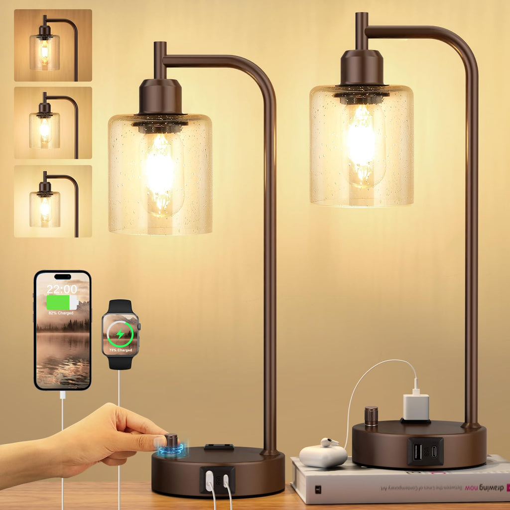 Industrial Table Lamps for Bedrooms Set of 2 - Fully Dimmable Bedside Lamps with USB A and C Ports and Outlet, Black Nightstand Lamps with Glass Shade for Living Room, Desk Lamps for Office Reading