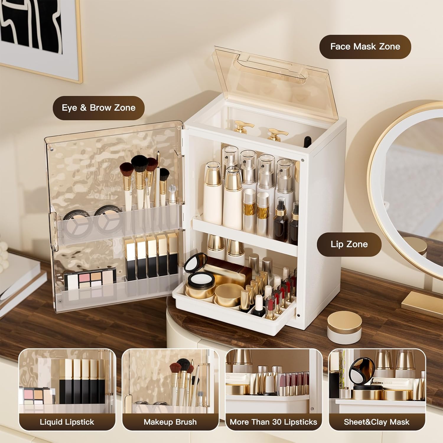 Makeup Organizer with Drawers,Skincare Organizer for Vanity,Large Cosmetic Display Case with Handle,Storage Organizers with Cover and Makeup Brush Holder for Dresser, Bathroom Countertop