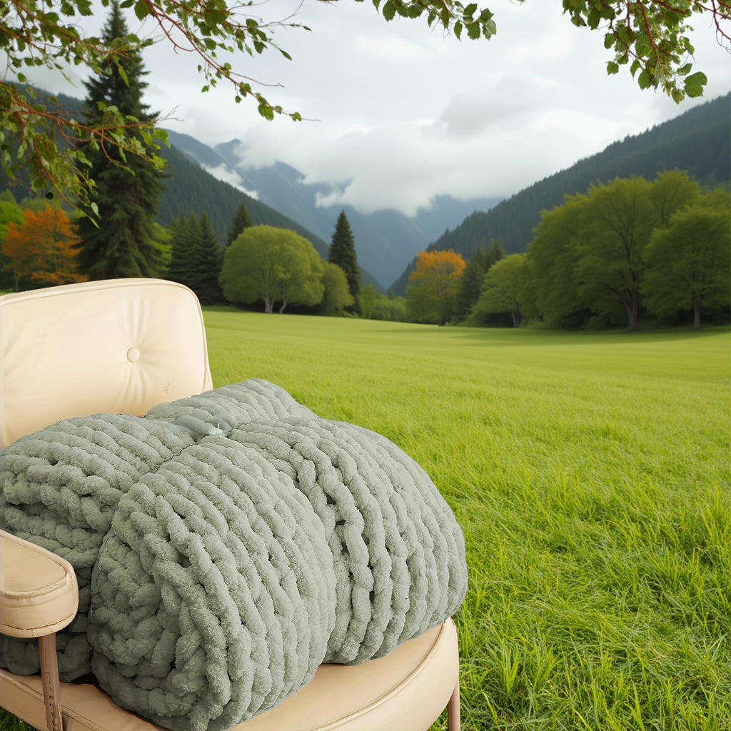ATMOSURELY Ultra Soft Sage Green Chunky Knit Throw Blanket Cozy Fluffy Chenille Yarn Handmade Cable Knit Crochet Blanket for Bed Sofa Couch 50x60 Inches (Sage Green, 50"x60")
