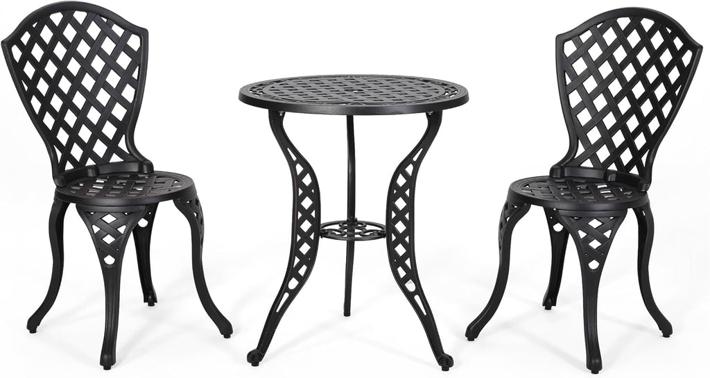 Outdoor Bistro Set Cast Aluminum - Traditional Garden Patio Furniture for Cafe Outdoor Dining - Black Round Table & Chairs Commercial Use