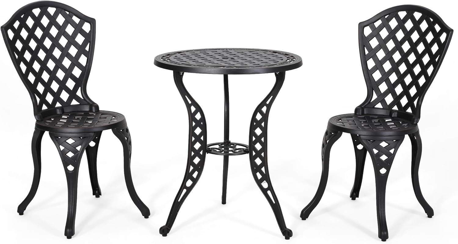 Outdoor Bistro Set Cast Aluminum - Traditional Garden Patio Furniture for Cafe Outdoor Dining - Black Round Table & Chairs Commercial Use