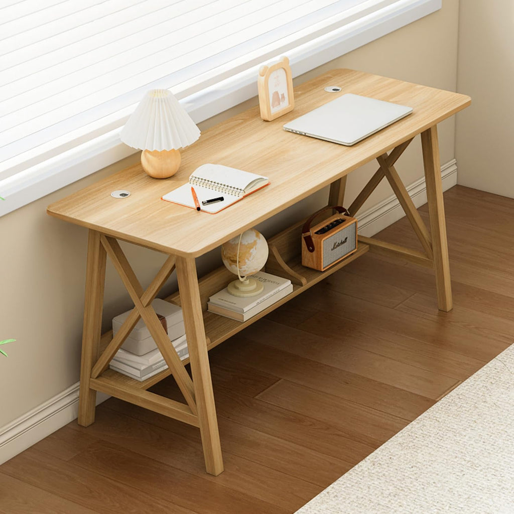 NELYE Extra Long Desk with Bookshelf - Wooden Home Office Work Study Table, Writing Computer Workstation with Storage Shelf in Walnut, 55" Wx20 Dx30 H