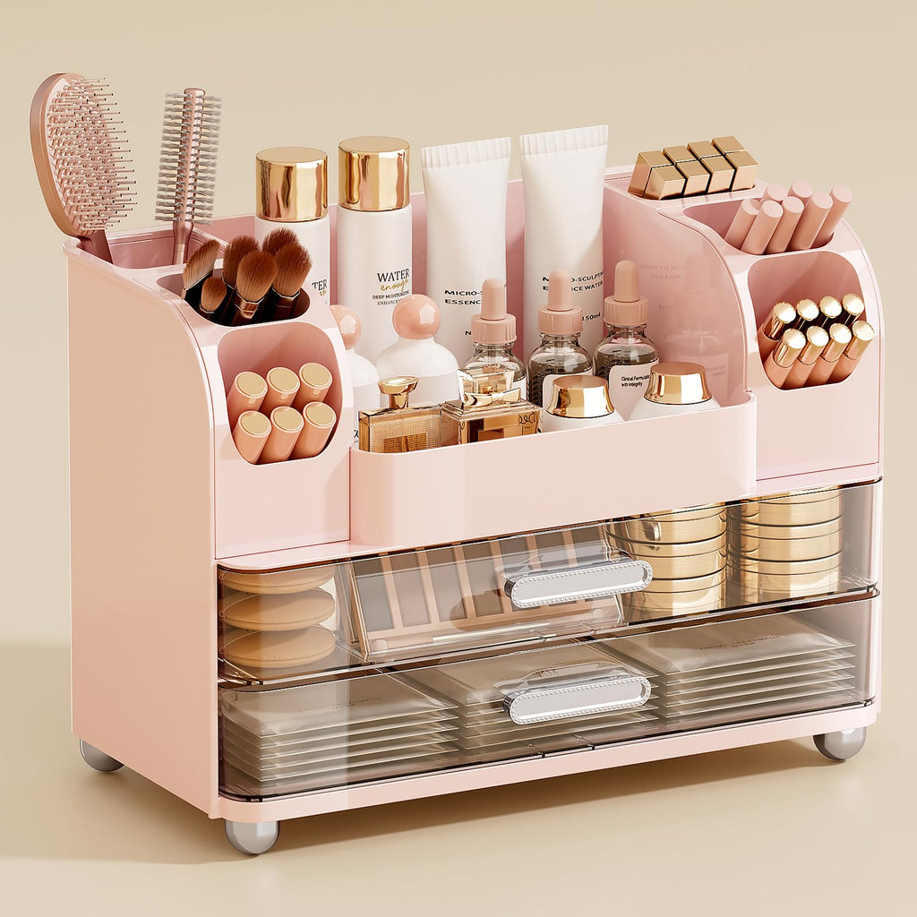 UFORU Makeup Organizer for Vanity with 2 Large Drawers, Cosmetic Display Case with Brush Holders, Easy to Storage for Bathroom Countertop Skincare, Perfume, White