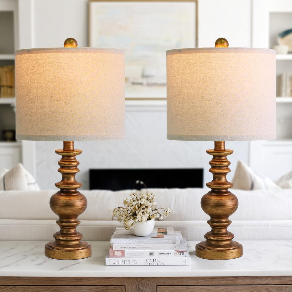 Set of 2 Rustic Farmhouse Linen Table Lamps for Bedroom & Living Room Decor