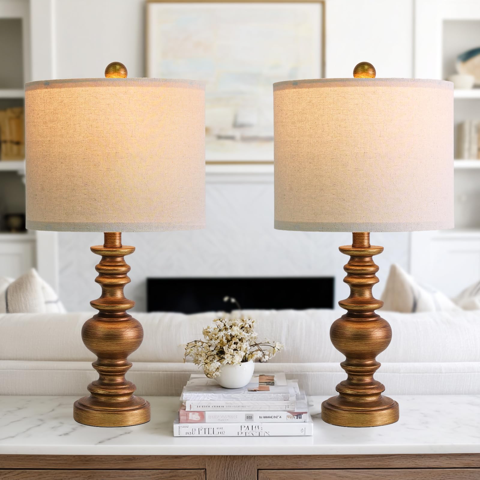 Set of 2 Rustic Farmhouse Linen Table Lamps for Bedroom & Living Room Decor