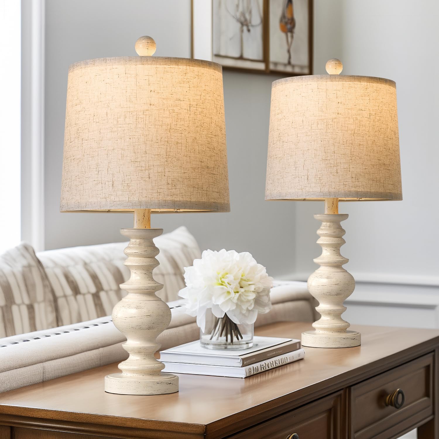 Set of 2 Rustic Farmhouse Linen Table Lamps for Bedroom & Living Room Decor