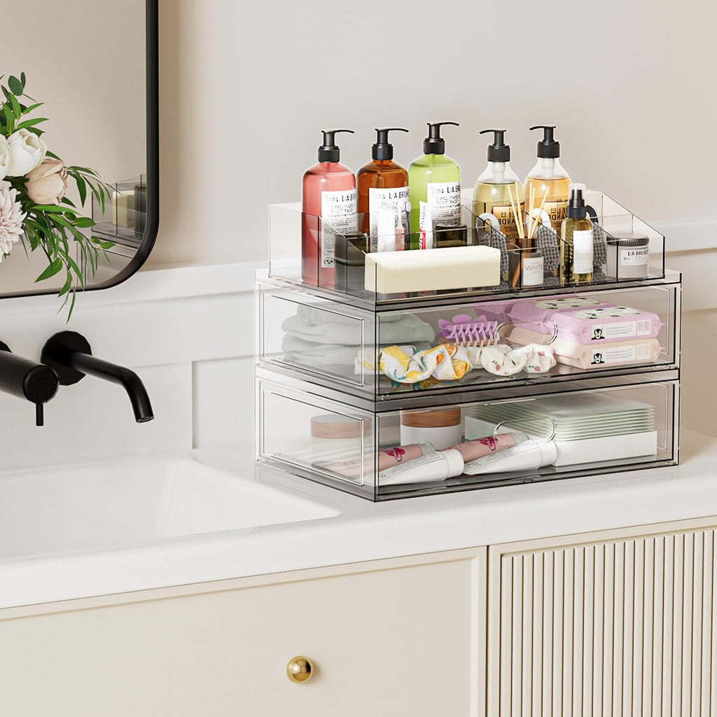 Clear Stackable Makeup Organizer with Drawer, 12''W Acrylic Storage Drawers, Cosmetic Display Case for Vanity Bathroom Countertop, Beauty Holder for Lipstick Brush Skincare Perfume