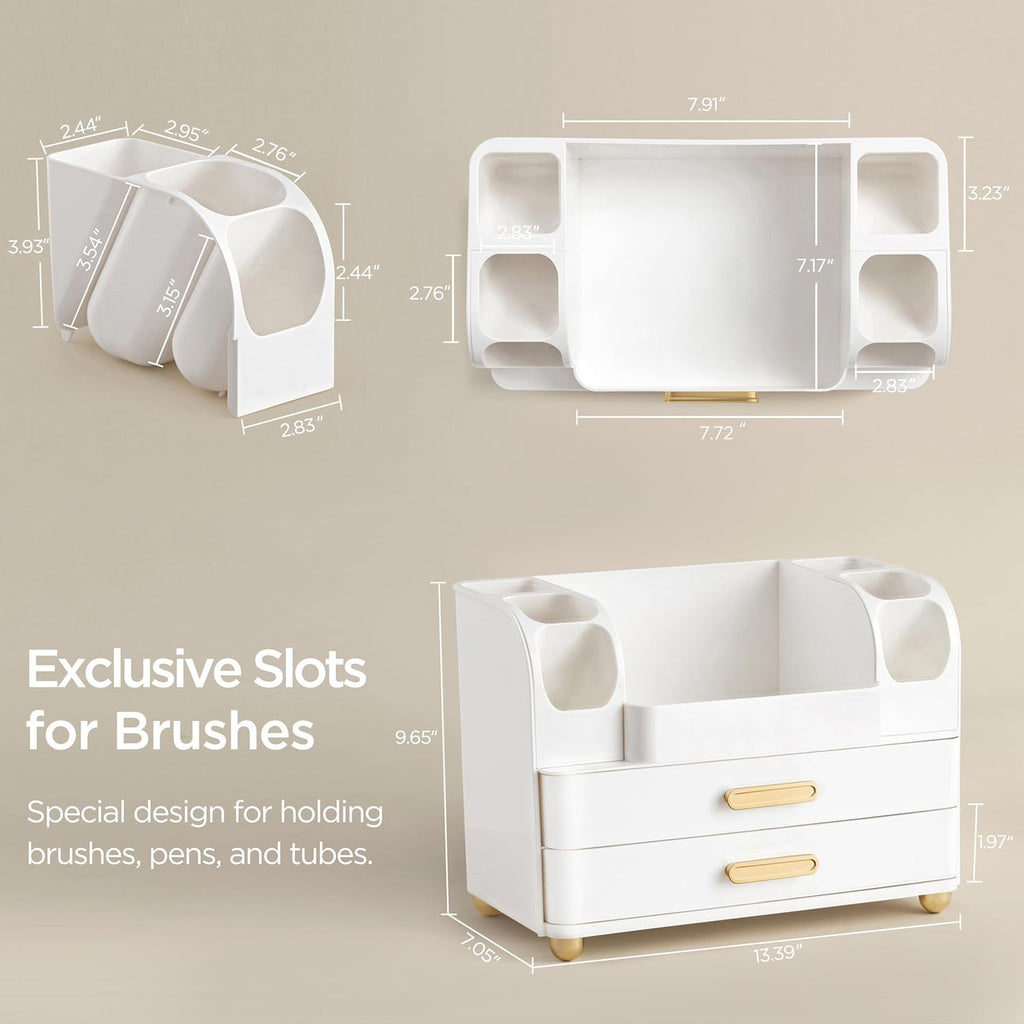 White Large Vanity Cosmetic Organizer with Brush Holder for Skincare & Makeup Storage