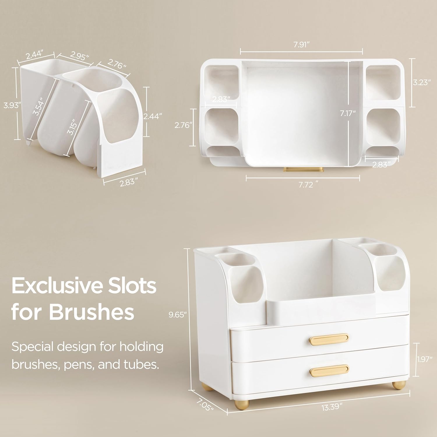White Large Vanity Cosmetic Organizer with Brush Holder for Skincare & Makeup Storage