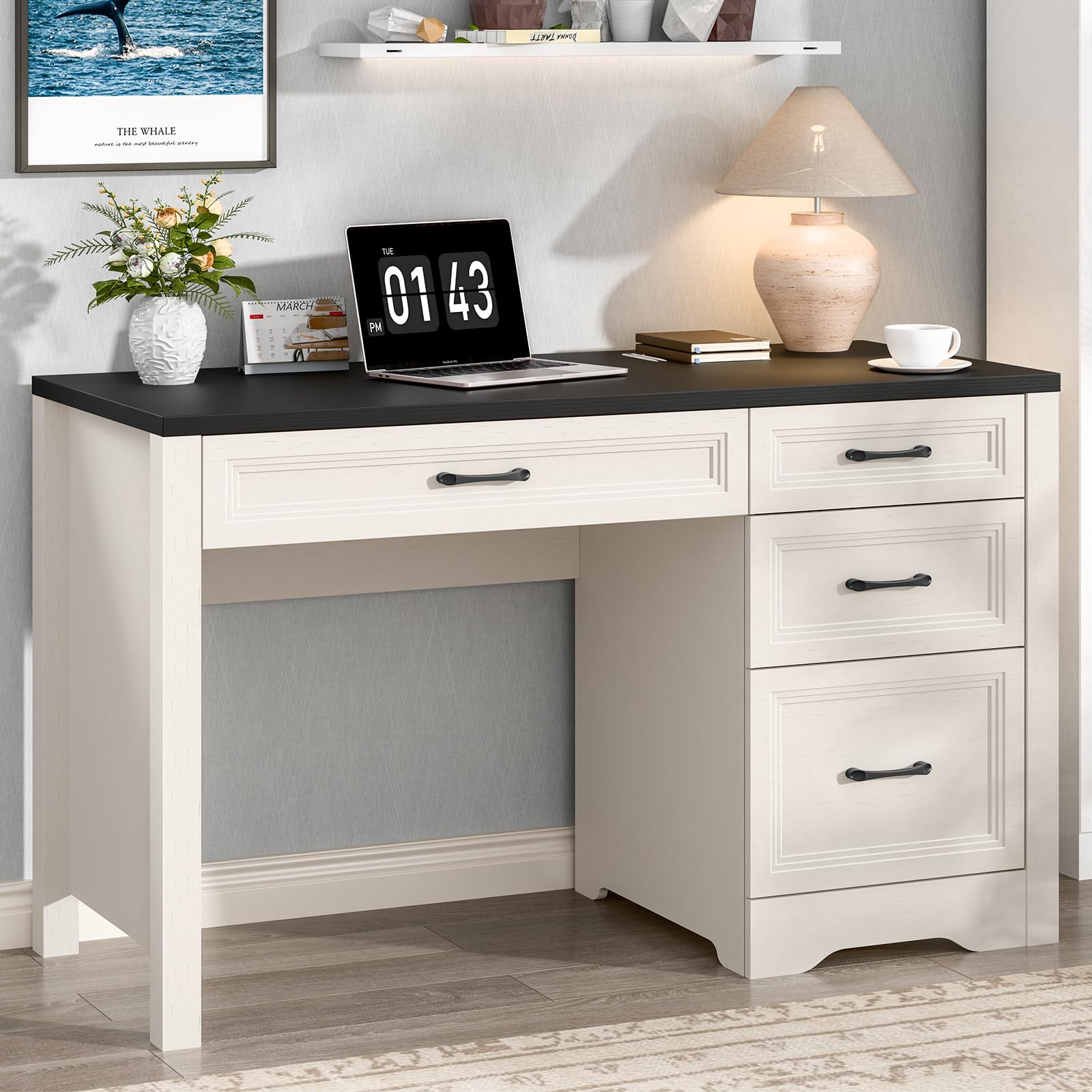 Vabches Farmhouse Executive Desk with Storage and Ample File Drawer, Rustic Large Home Writing Desk for Bedroom, White
