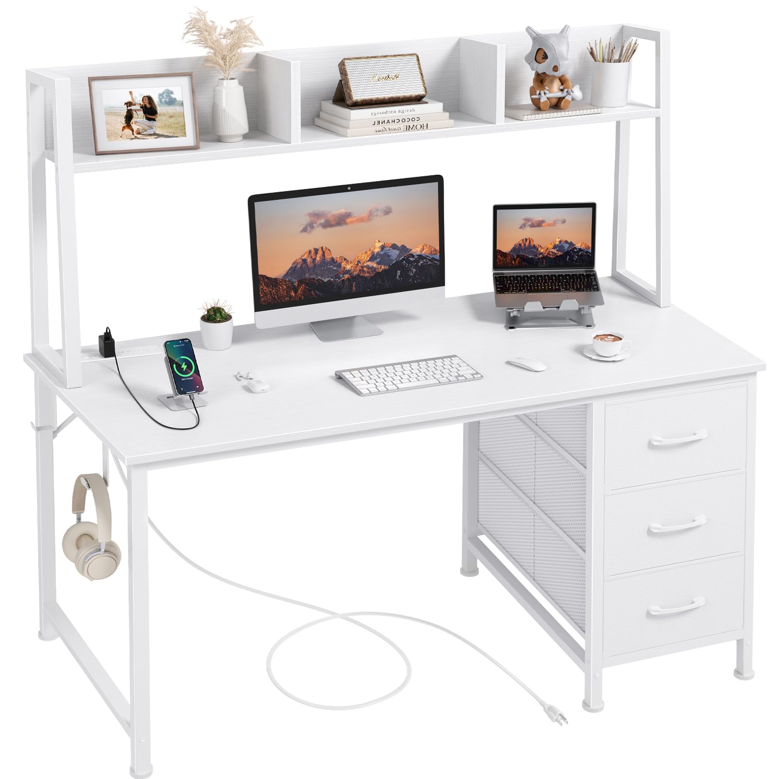 DLisiting White Computer Desk with Hutch & Drawers - 47 Inch Modern Study Writing Office Desk with 3 Storage Drawers and Power Outlets for Bedroom Home Office