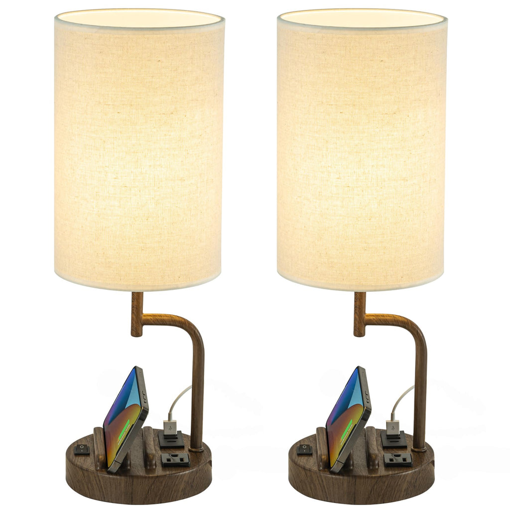 Dreamholder Table Lamp with 3 USB Charging Ports, Modern Desk Lamp with AC Outlet and Phone Stands, Perfect Bedside Lamp for Bedroom, Living Room, Office (Pack of 2), Cream