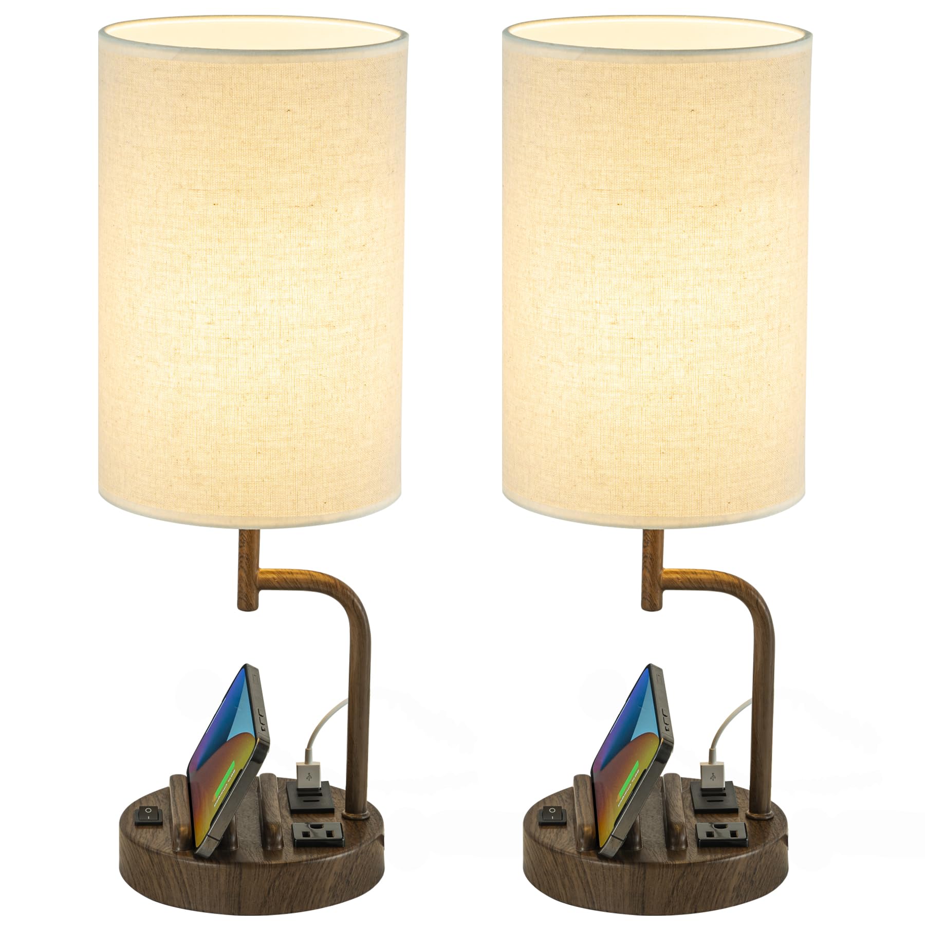 Dreamholder Table Lamp with 3 USB Charging Ports, Modern Desk Lamp with AC Outlet and Phone Stands, Perfect Bedside Lamp for Bedroom, Living Room, Office (Pack of 2), Cream