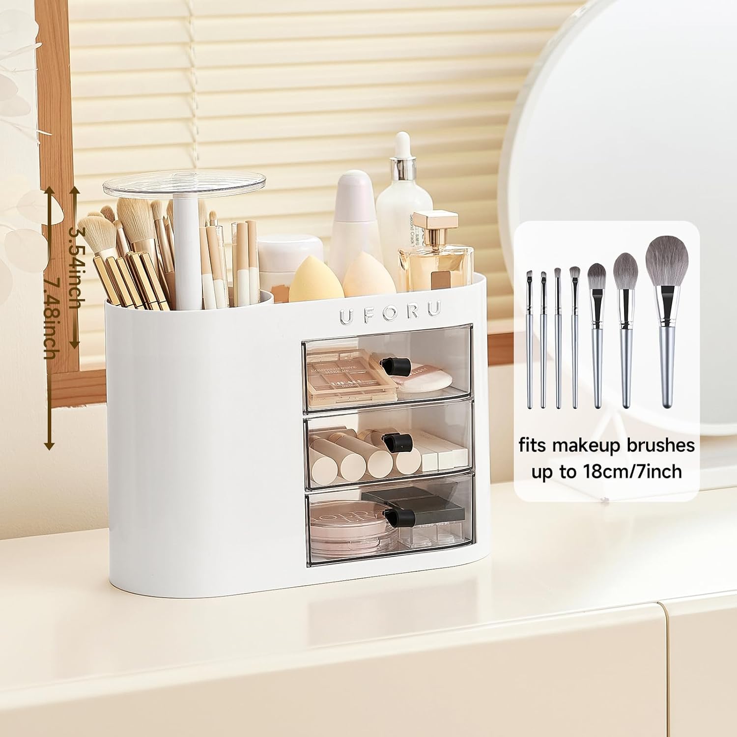 UFORU Makeup Organizer with Pop-Up Brush Holder for Dresser Vanity, Plastic Bathroom Counter Organizer with 3 Drawers & Dust-Proof Cover, Cosmetic Display Case for Lipstick, Skincare, White
