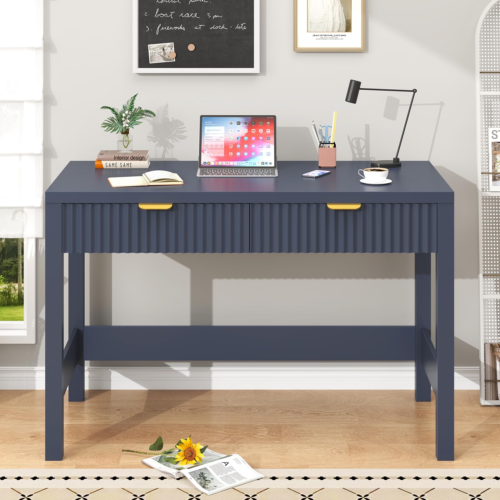 YOMILUVE Fluted Computer Desk with 2 Drawers, 39 Inch Small Computer Desk with Storage, Compact Writing Study Desk for Small Spaces