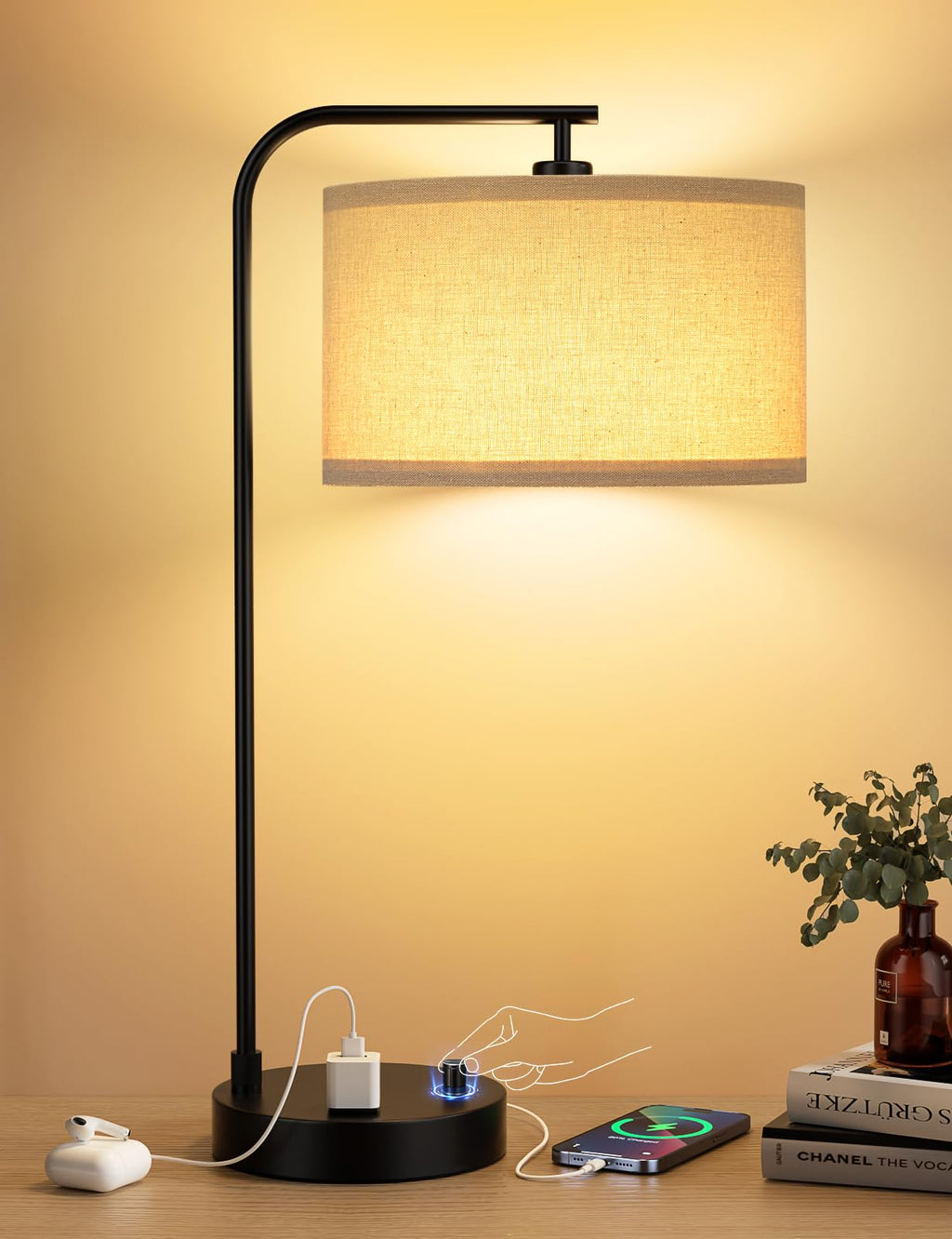 Innqoo Tall Table Lamp with USB Port and Outlet, Dimmable Nightstand Bedside Lamps with Linen Lampshade, Desk Lamp for Bedroom, Living Room, Guest Room, Home Office, LED Bulb Included