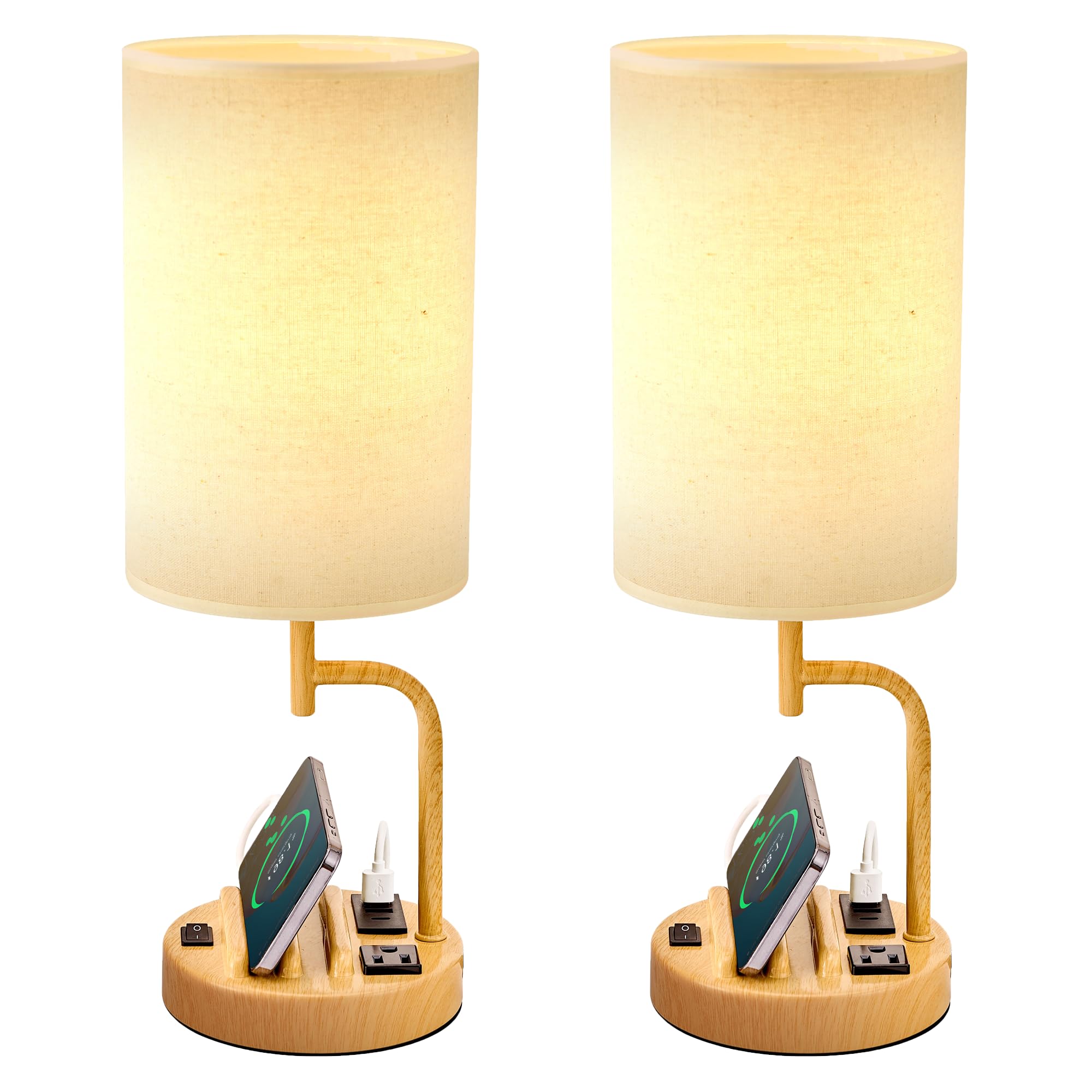 Dreamholder Table Lamp with 3 USB Charging Ports, Modern Desk Lamp with AC Outlet and Phone Stands, Perfect Bedside Lamp for Bedroom, Living Room, Office (Pack of 2), Cream
