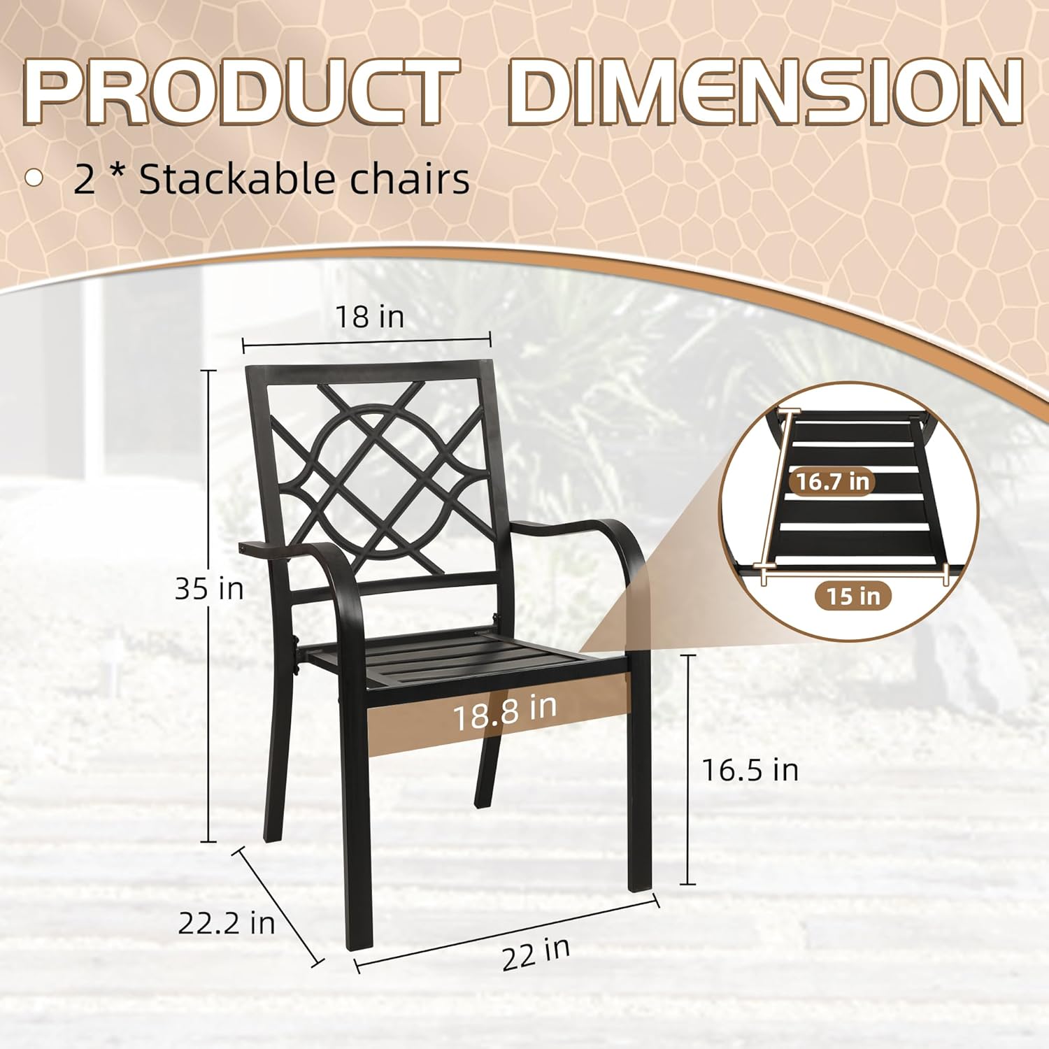 Incbruce 300lbs Patio Chairs Set of 2 Outdoor Dining Chairs, Metal Frame Stackable Patio Dining Chairs, Wrought Iron Black Outdoor Chairs with Armrest for Garden, Poolside, Backyard