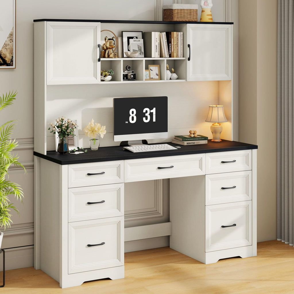 Vabches Farmhouse Executive Desk with Storage and Ample File Drawer, Rustic Large Home Writing Desk for Bedroom, White