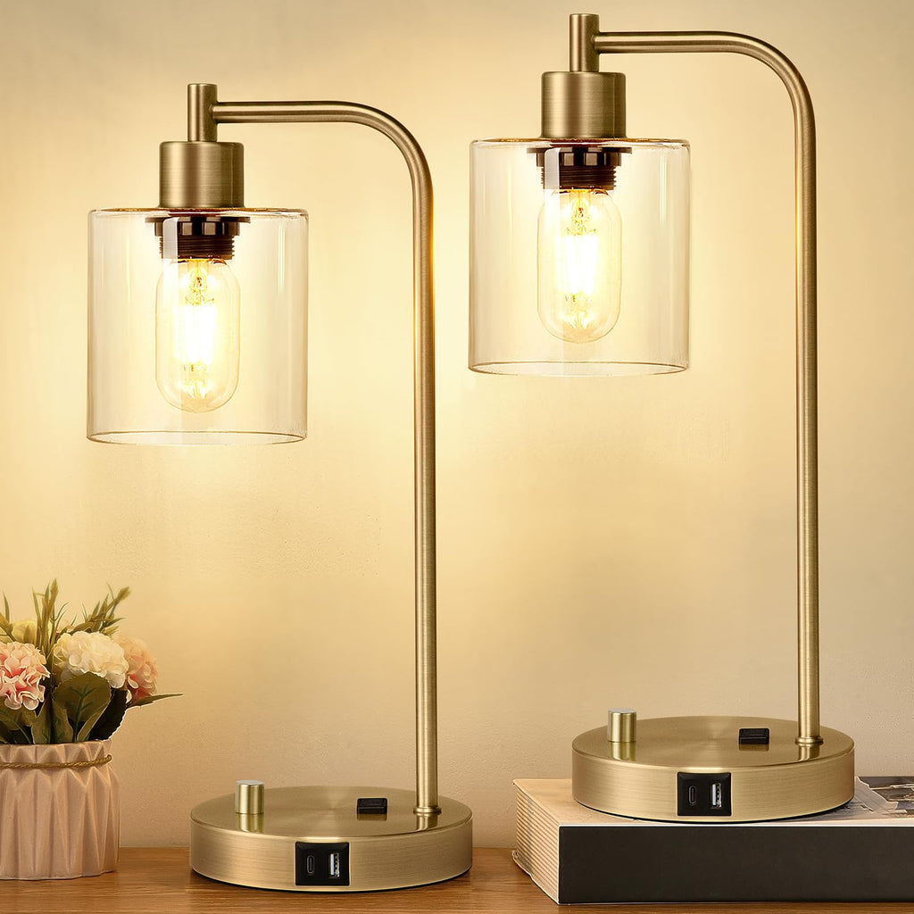 Set of 2 Industrial Table Lamps with USB C+A Ports and Outlet, Fully Stepless Dimmable Bedside Lamps for Bedrooms, Nightstand Desk Lamp with Glass Shade for Reading Living Room Office (Bulbs Included)