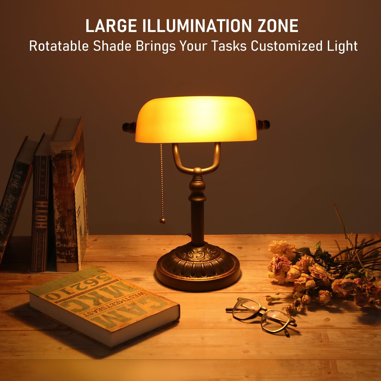 TORCHSTAR Amber Glass Bankers Desk Lamp, Antique Desk Lamps with Retro Weighted Base, Traditional Library Lamp with Pull Chain, E26 Base, Vintage Desk Lamp for Office, Study Room(Matted Orange)
