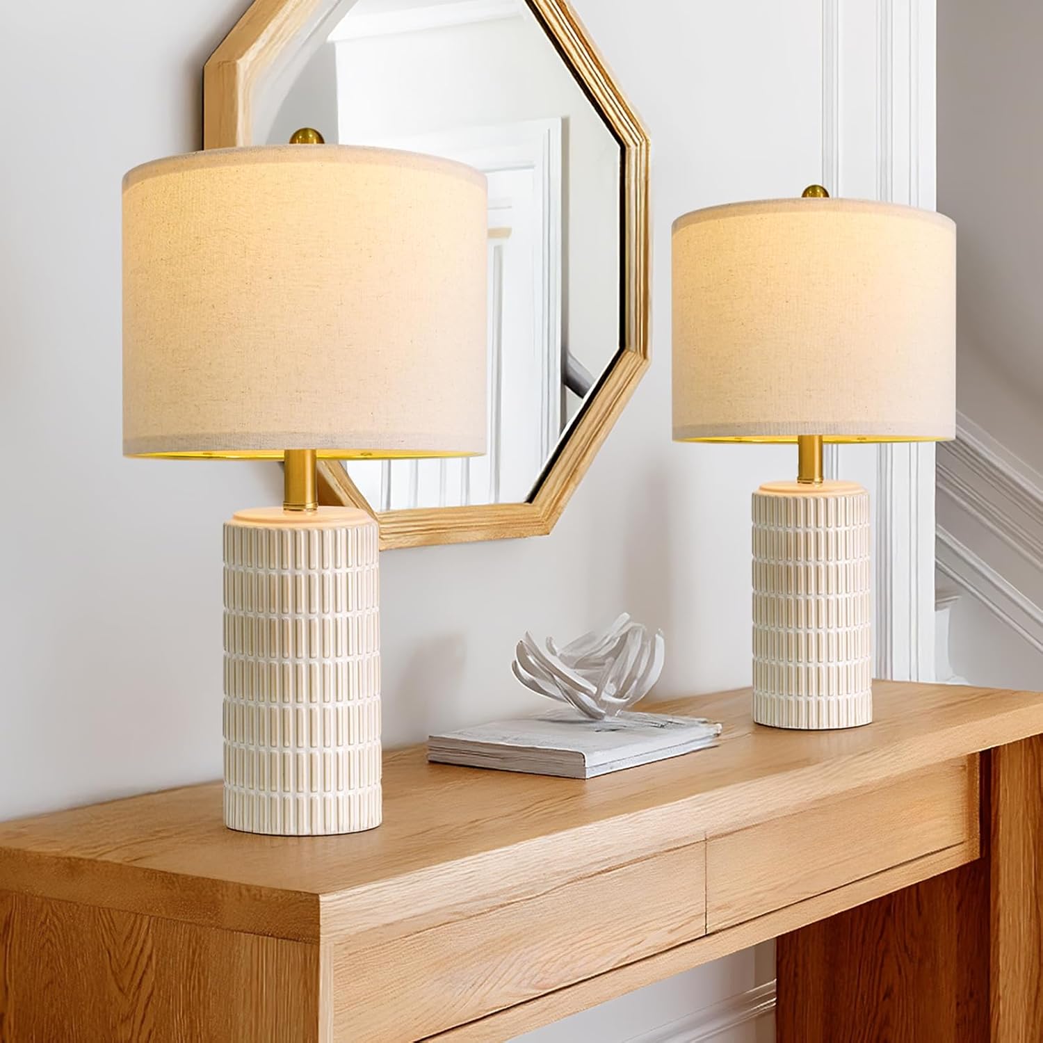 PoKat 20.75" Small Modern Ceramic Table Lamps Set of 2 for Bedroom, White Bedside Lamps for Night Stands, Farmhouse Desk Decor Gift Nightstand Table Lamps for Living Room End Table Beige