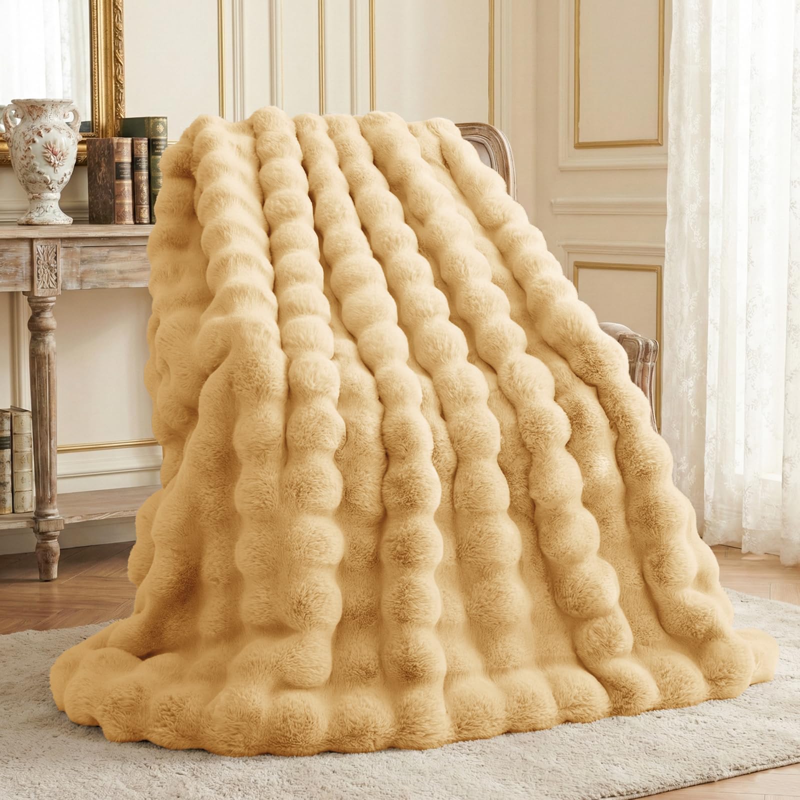 L'AGRATY Faux Rabbit Fur Blanket: 50" x 60" Luxury Soft Fluffy Thick Fur Throw Blanket for Couch Bed Sofa - Cozy Plush Bubble Blankets for Winter: Warm Flannel Fleece Decorative Blanket(Almond White)